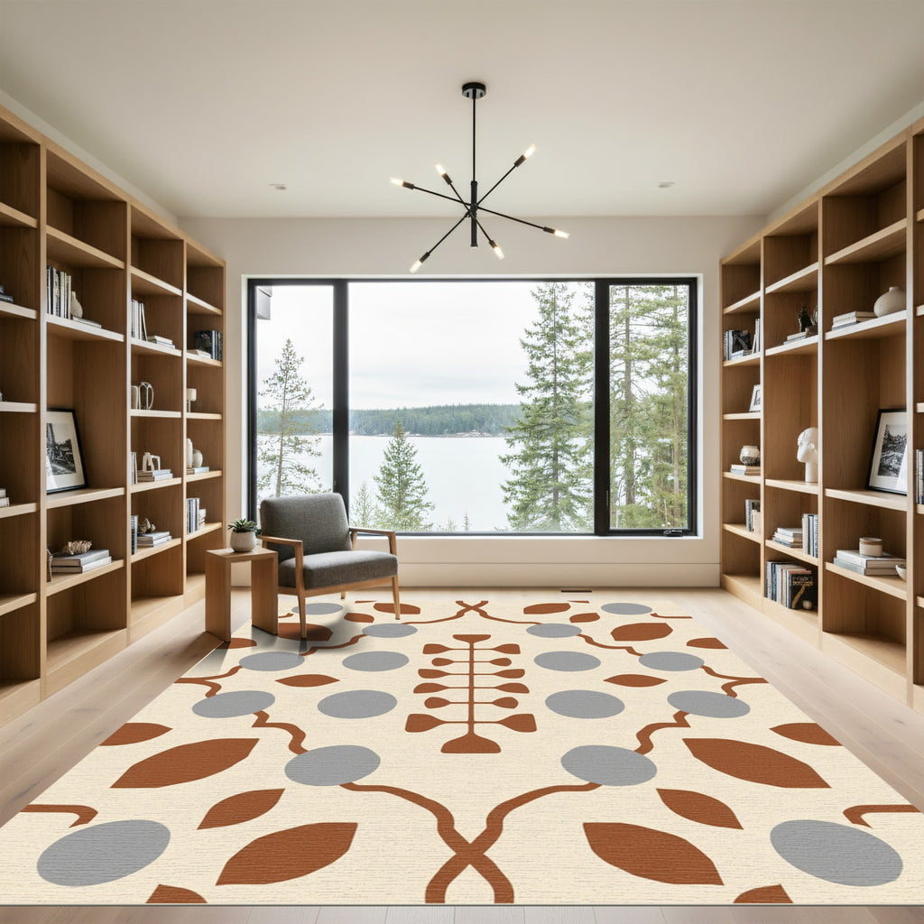 Terracotta Tan Grey Floral Branch Rug