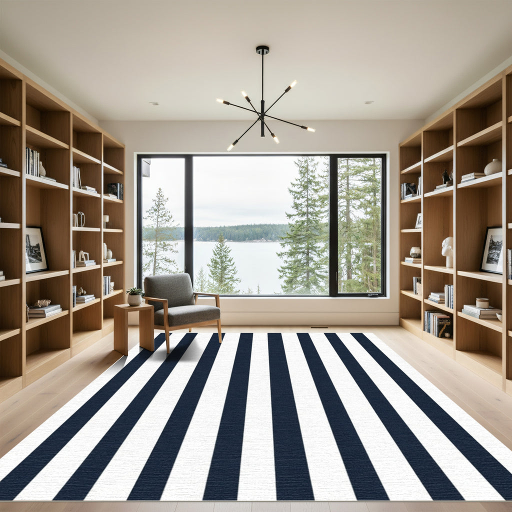 Classic Navy White Vertical Stripe Rug
