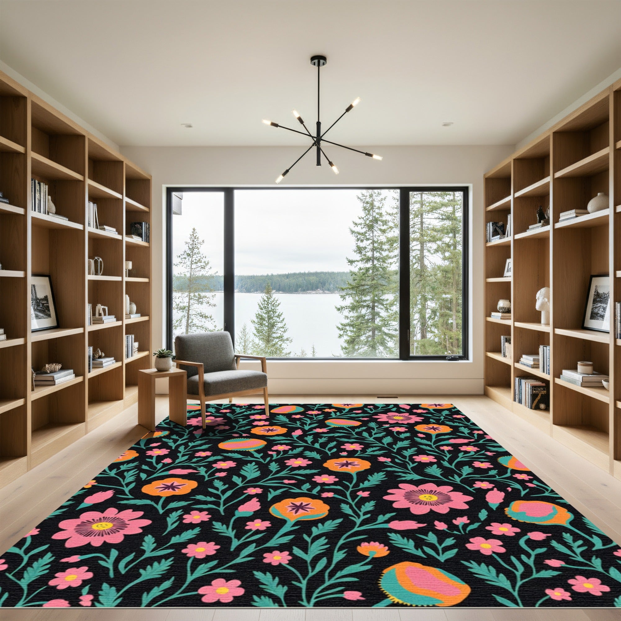 Teal Pink Orange Floral Garden Rug
