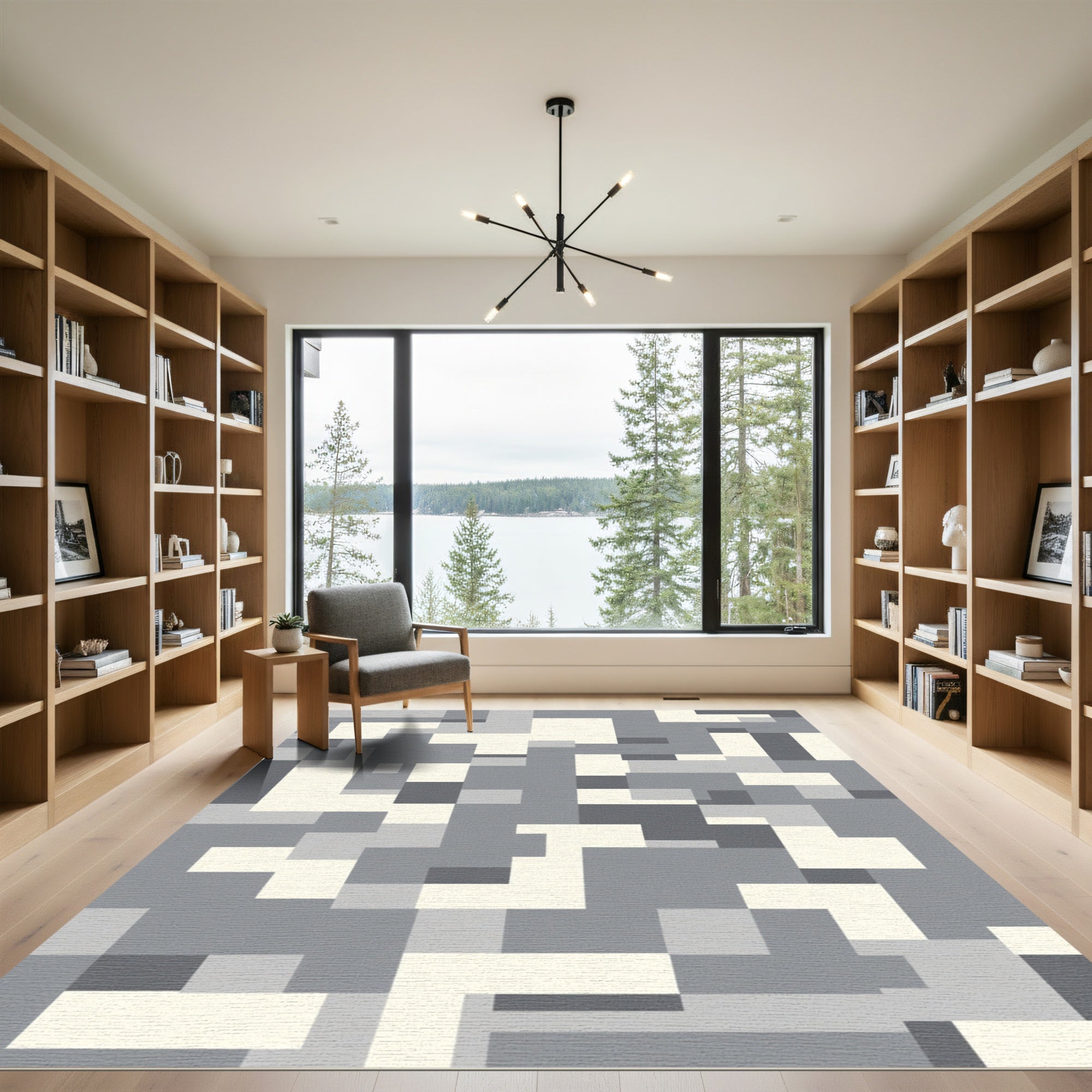 Geometric Abstract Gray Cream Blocks Rug