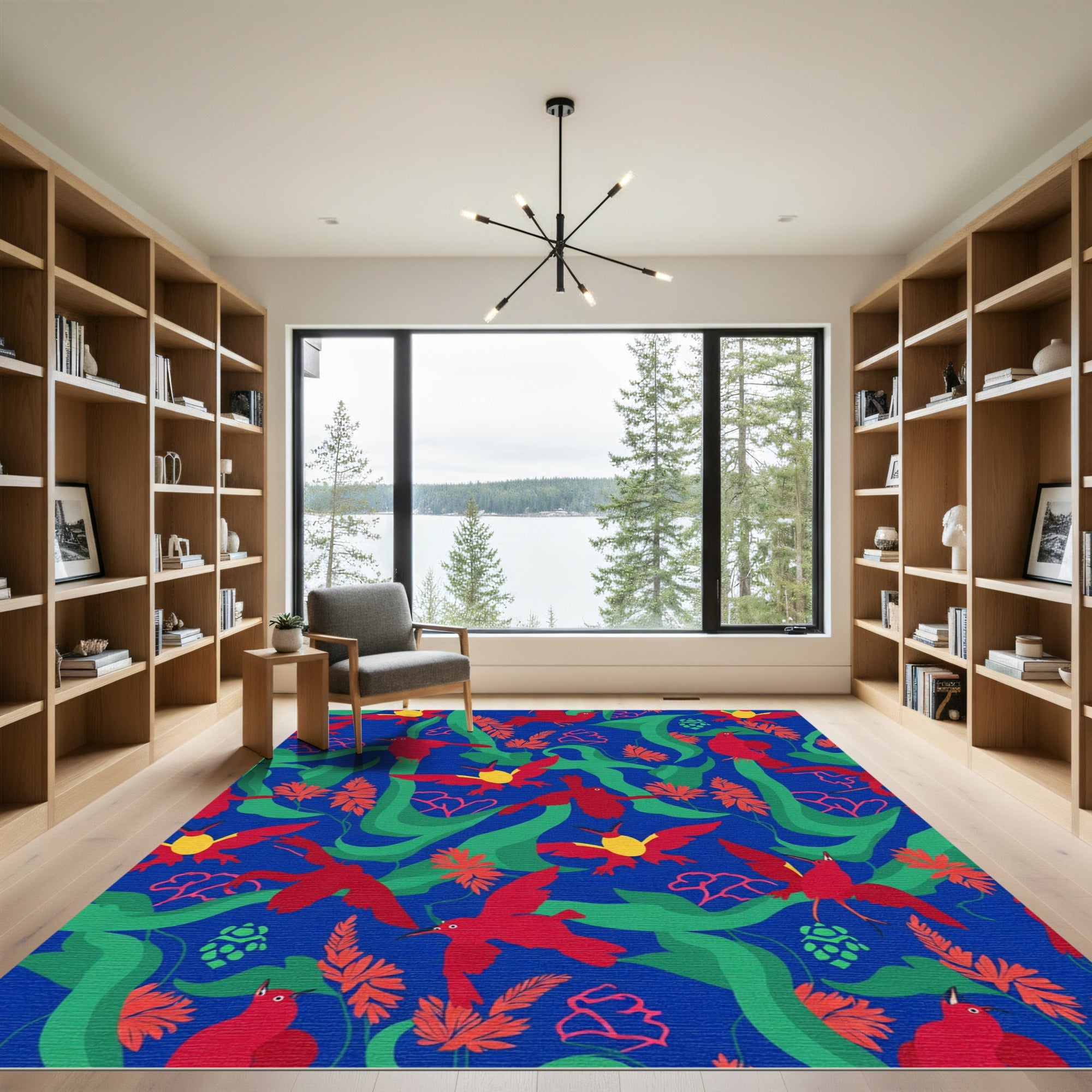 Vibrant Red Birds Green Foliage Tropical Rug