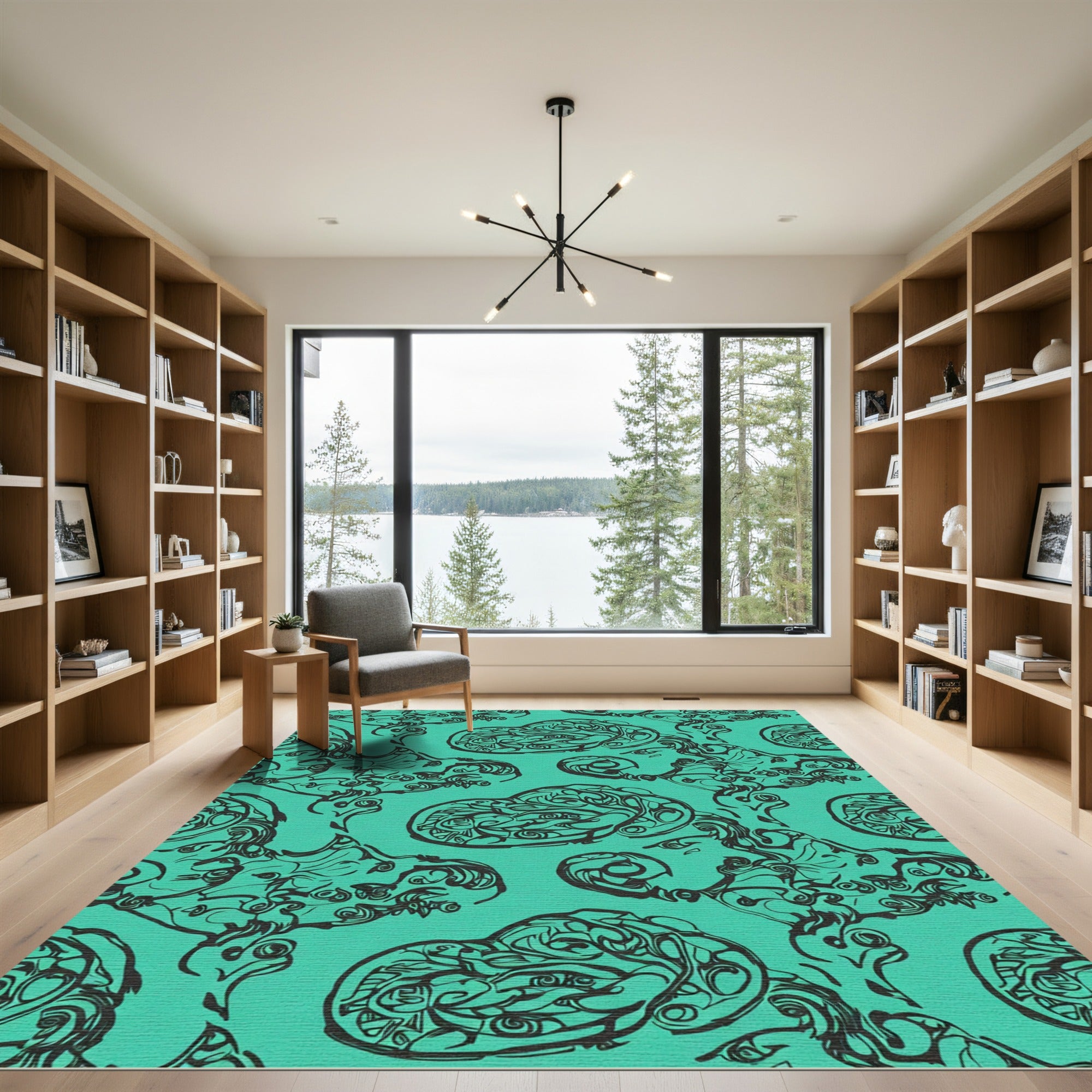 Teal Black Abstract Swirls Rug