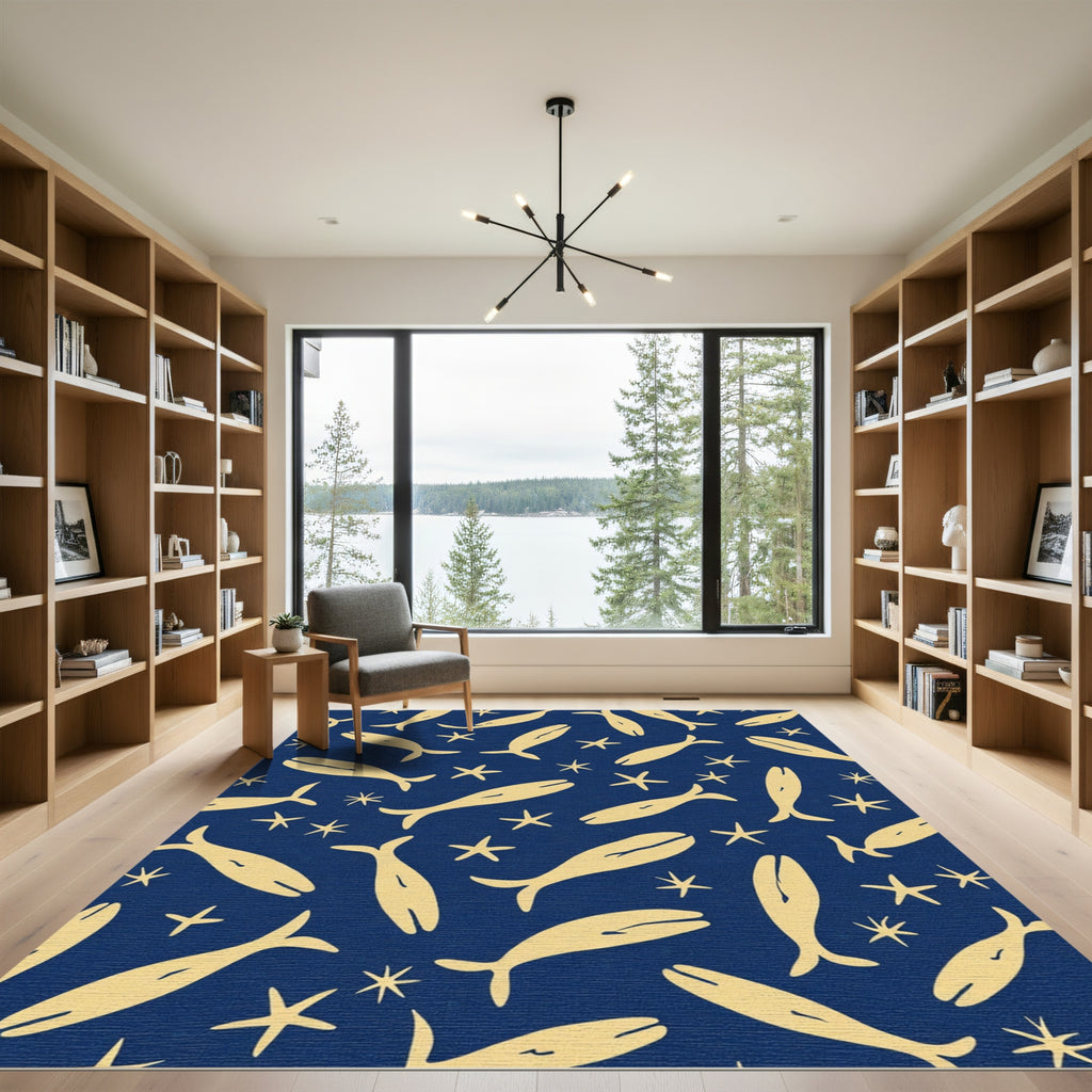 Golden Whales Starfish Navy Ocean Rug