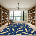 Golden Whales Starfish Navy Ocean Rug