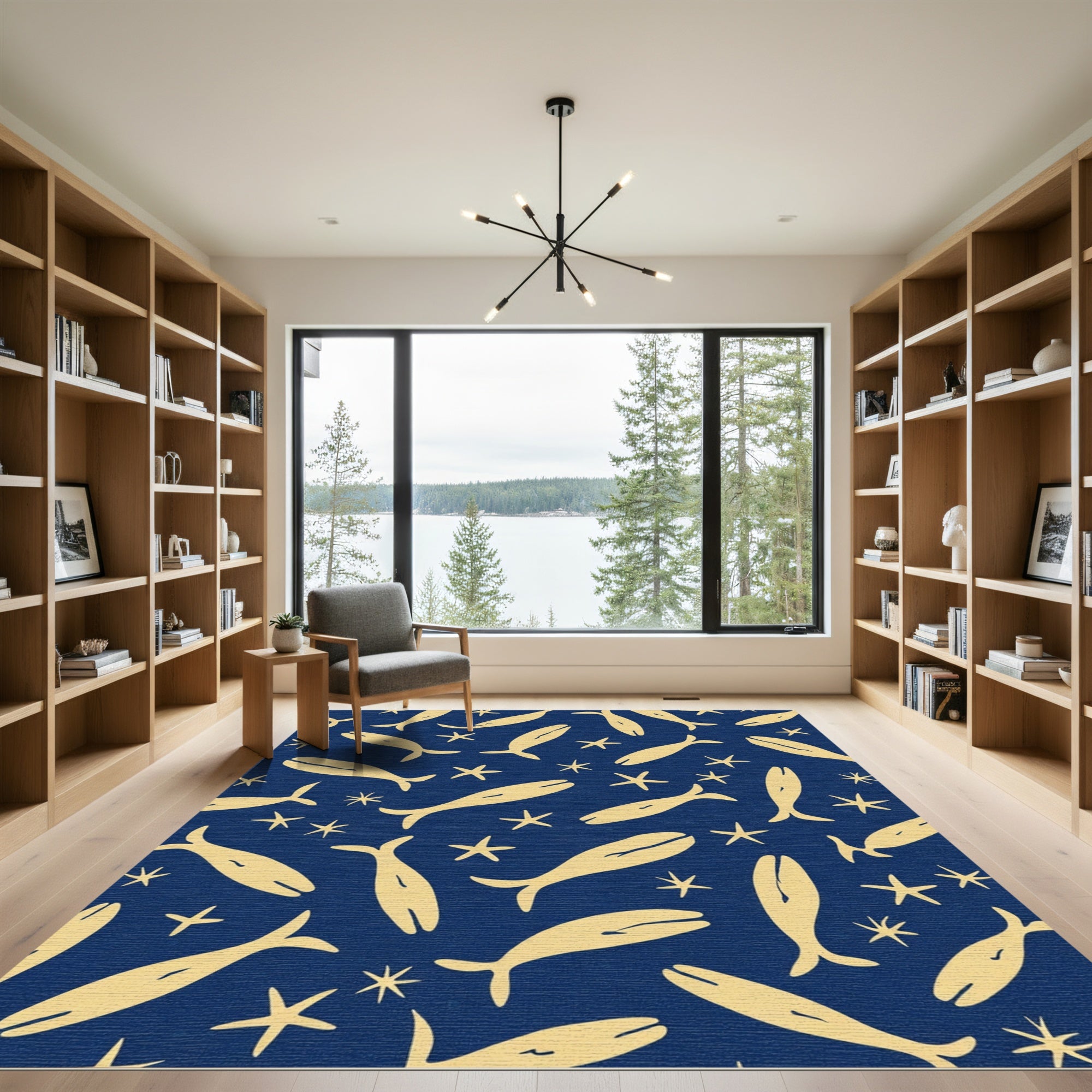 Golden Whales Starfish Navy Ocean Rug