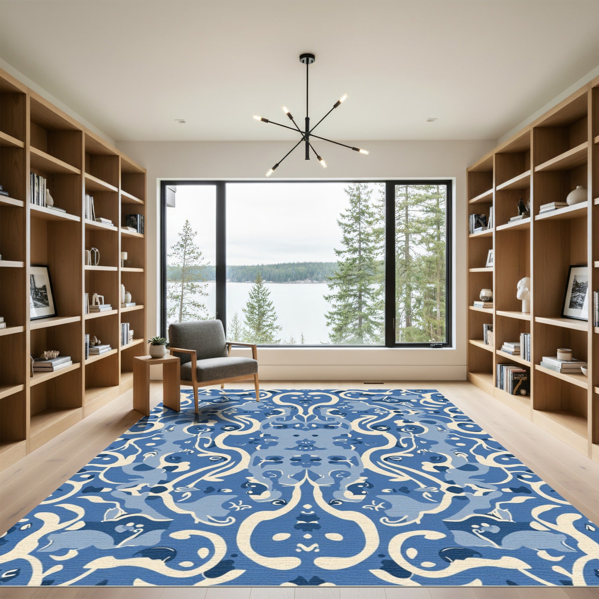 Blue Cream Abstract Symmetry Scroll Rug