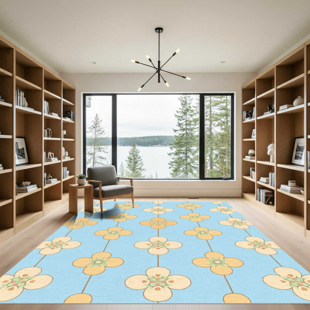 Yellow Flower Chain Blue Rug