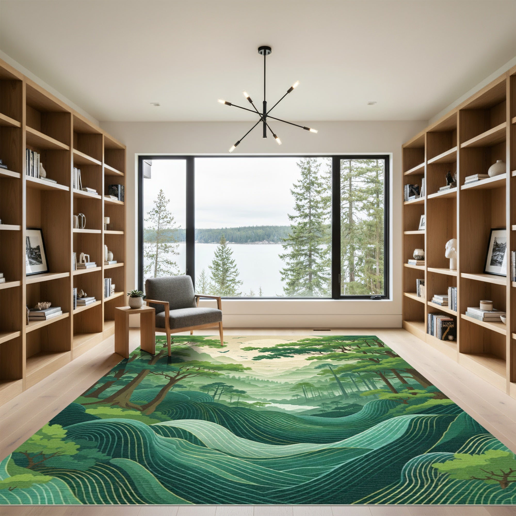 Misty Emerald Mountain River Forest Rug