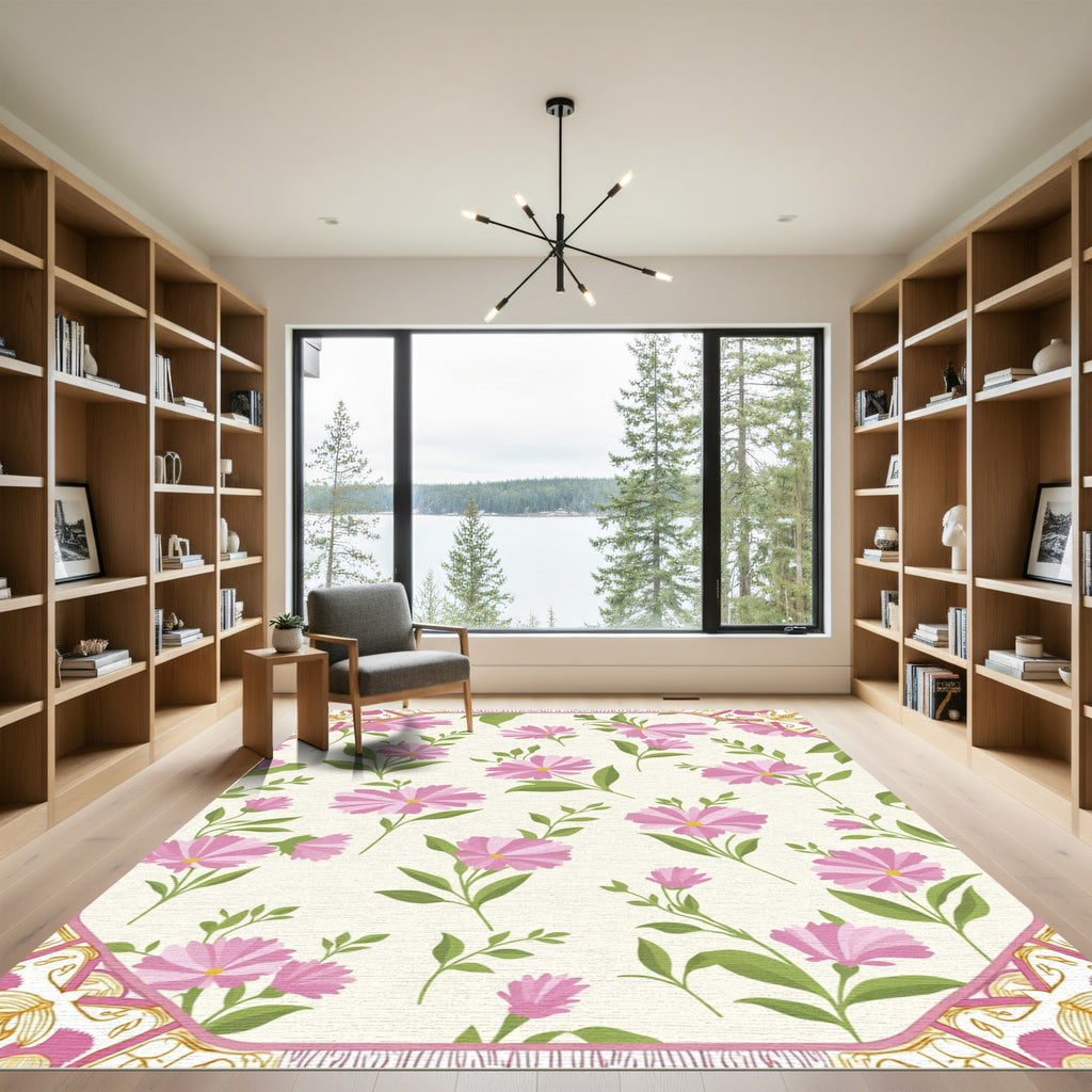 Pink Daisy Garden Floral Cream Rug
