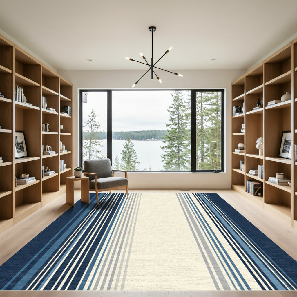 Navy Blue Cream Striped Modern Rug