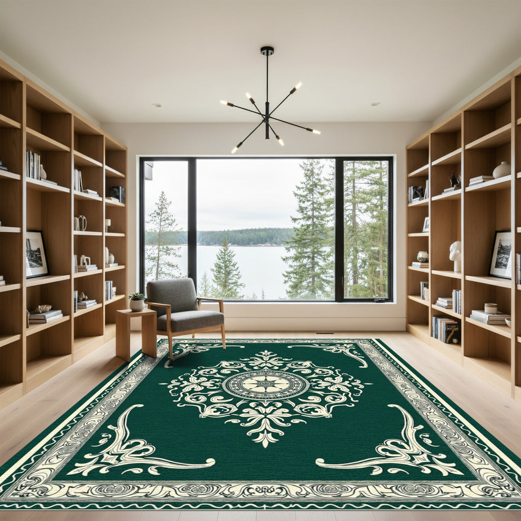 Deep Emerald Traditional Scroll Medallion Rug