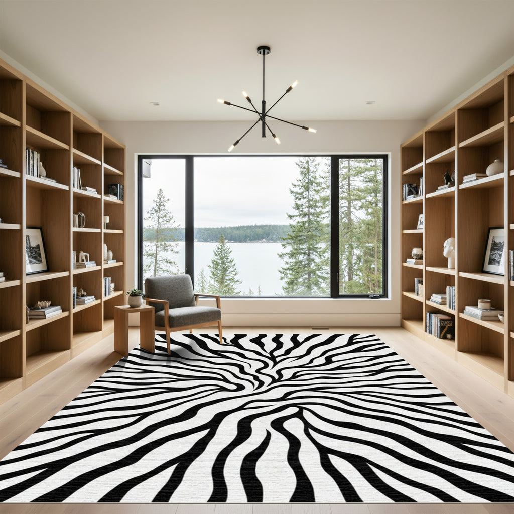 Bold Black White Swirl Animal Print Rug