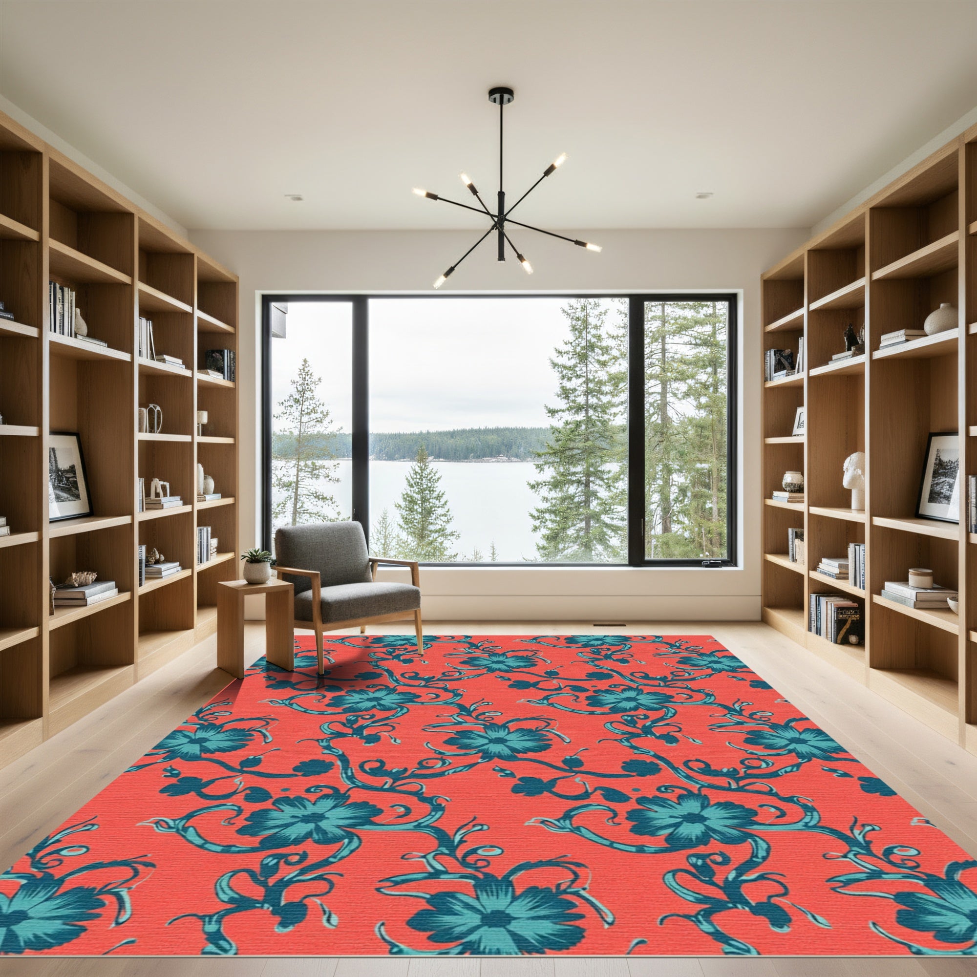 Coral Teal Floral Vine Arrangement Rug