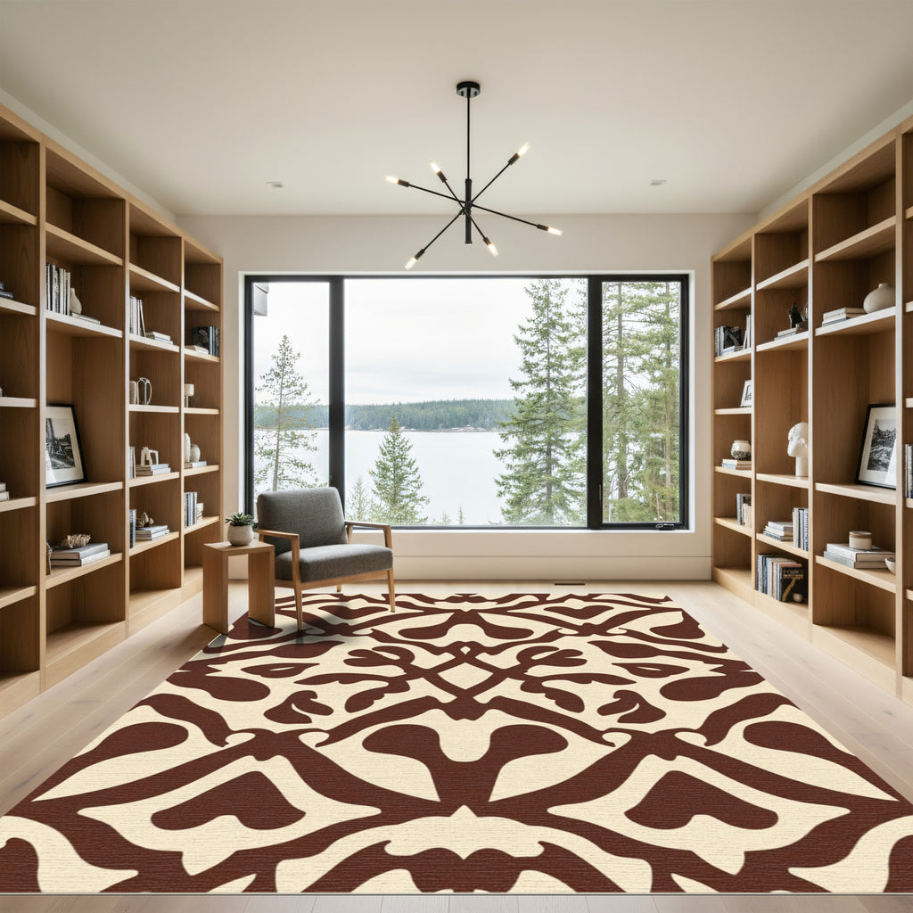 Symmetrical Brown White Organic Scroll Rug