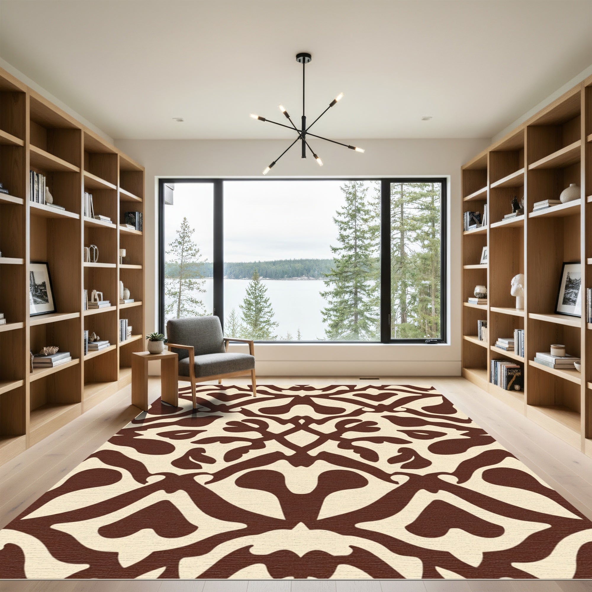Symmetrical Brown White Organic Scroll Rug