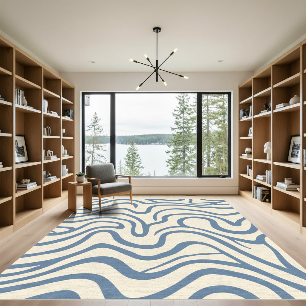 Cream Blue Abstract Wavy Lines Rug