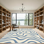 Cream Blue Abstract Wavy Lines Rug