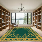 Elegant Emerald and Gold Scrollwork Border Rug