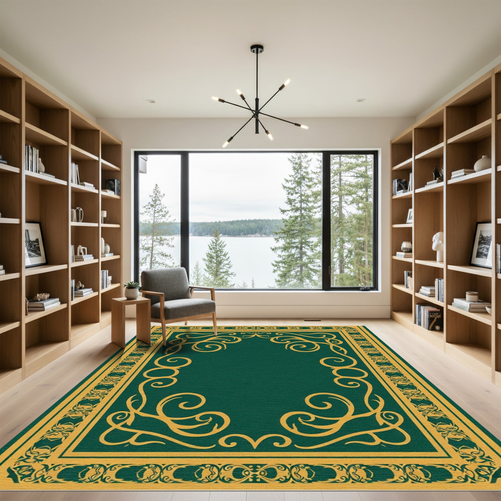 Elegant Emerald and Gold Scrollwork Border Rug