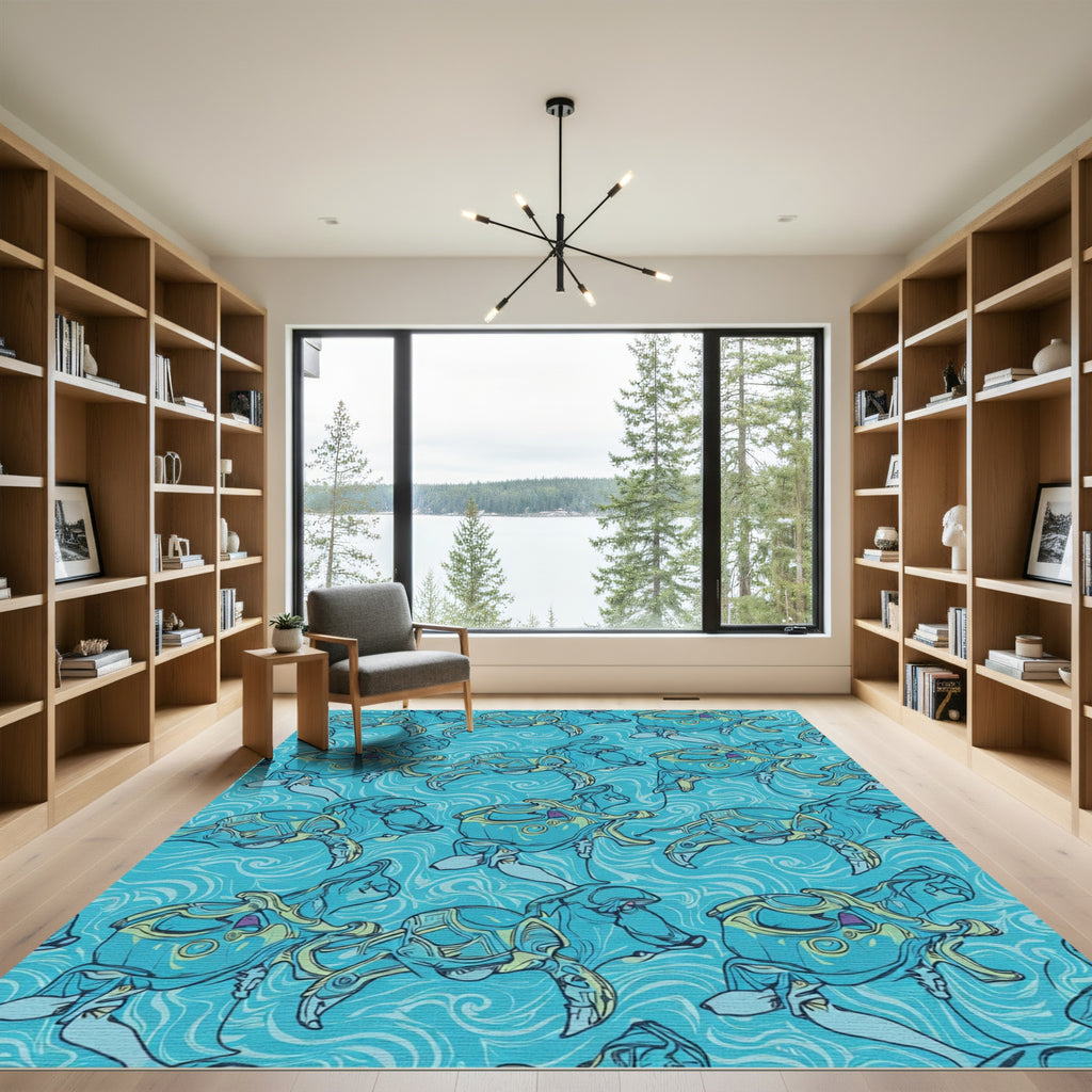 Whimsical Teal Sea Turtle Creatures Rug