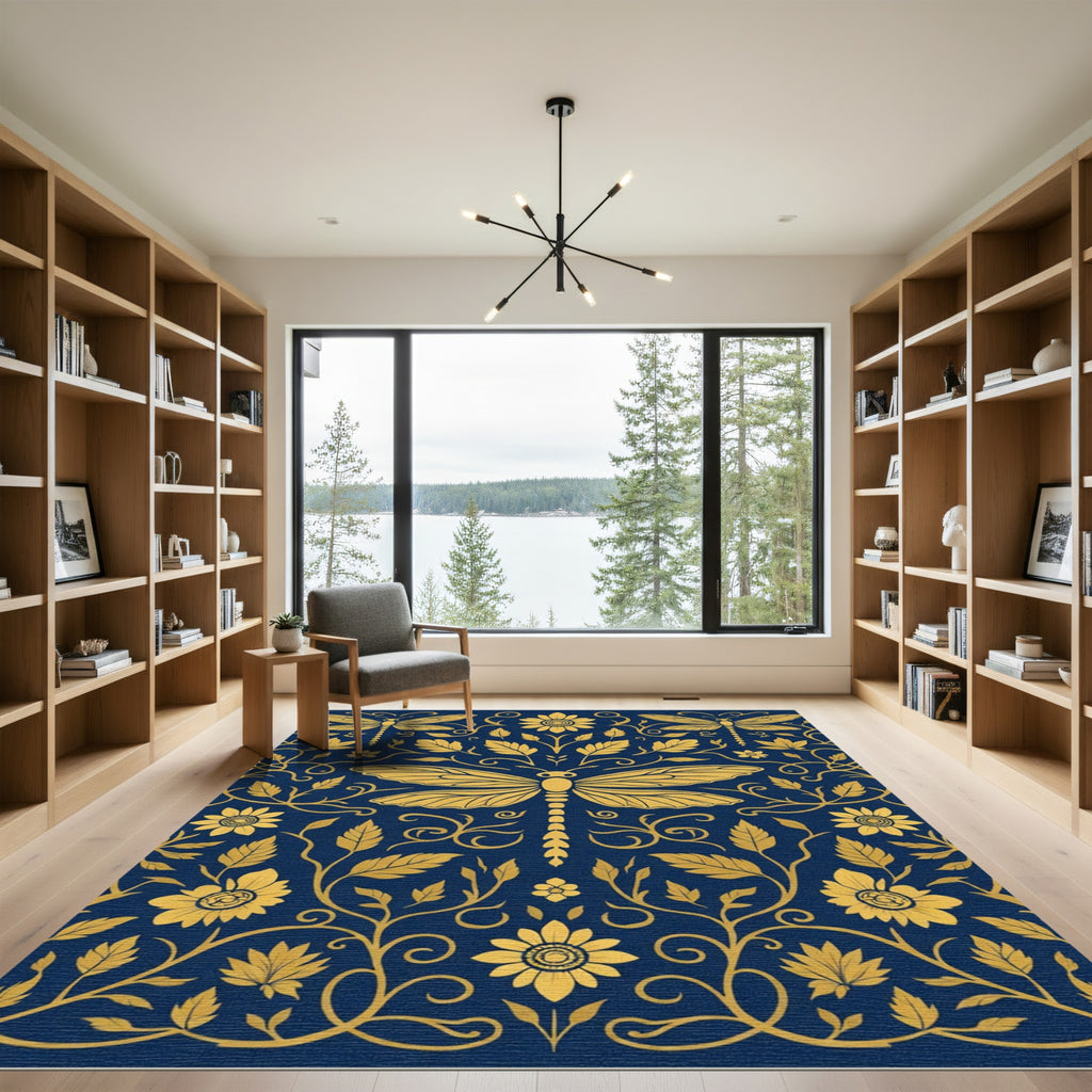 Golden Dragonfly Garden Blue Rug