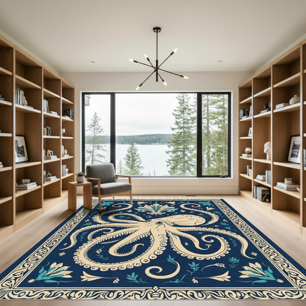 Navy Blue Cream Octopus Floral Rug