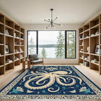 Navy Blue Cream Octopus Floral Rug