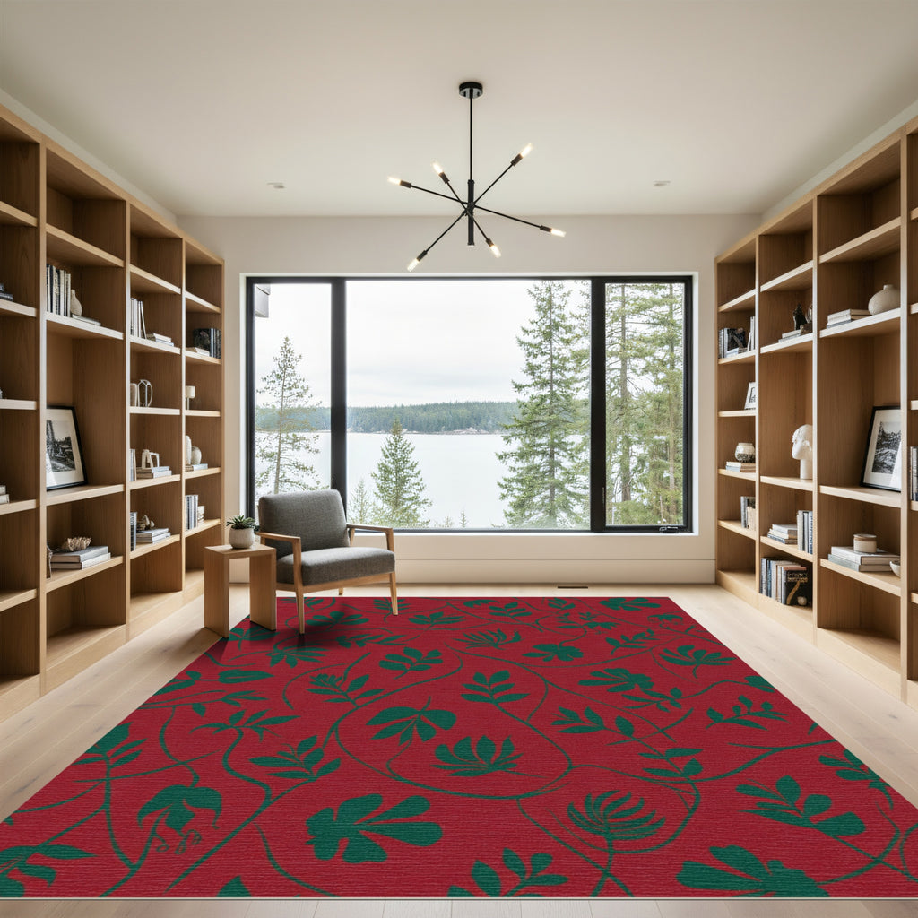 Deep Red Forest Foliage Garland Rug