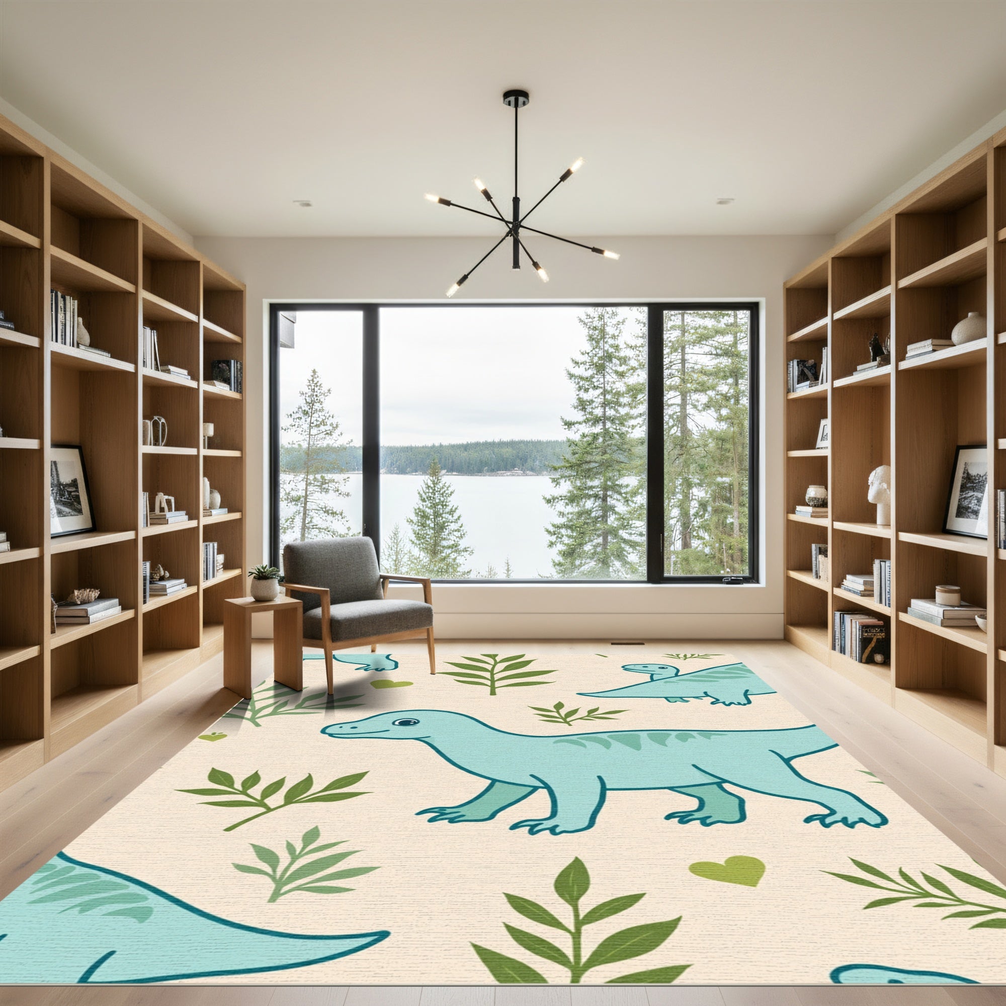 Aqua Dinosaurs Green Foliage Hearts Rug