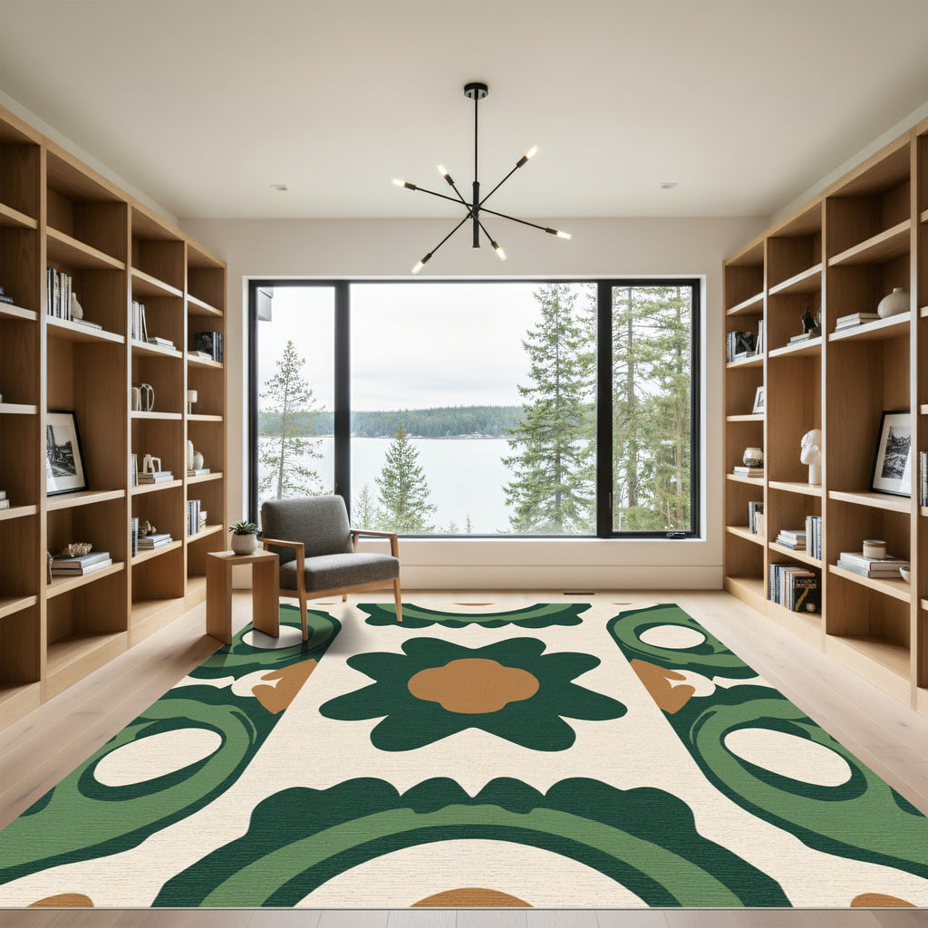 Mid Century Green Floral Tile Rug