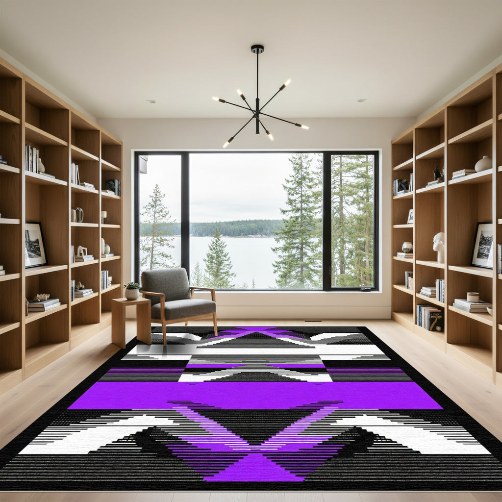 Geometric Abstract Purple Black White Rug