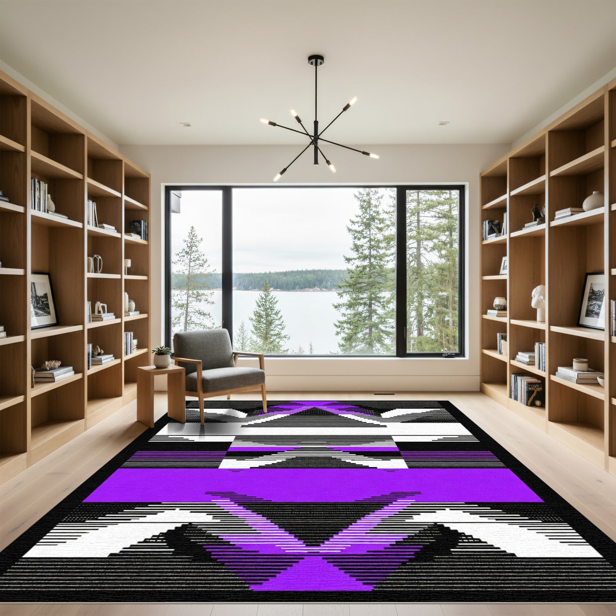 Geometric Abstract Purple Black White Rug