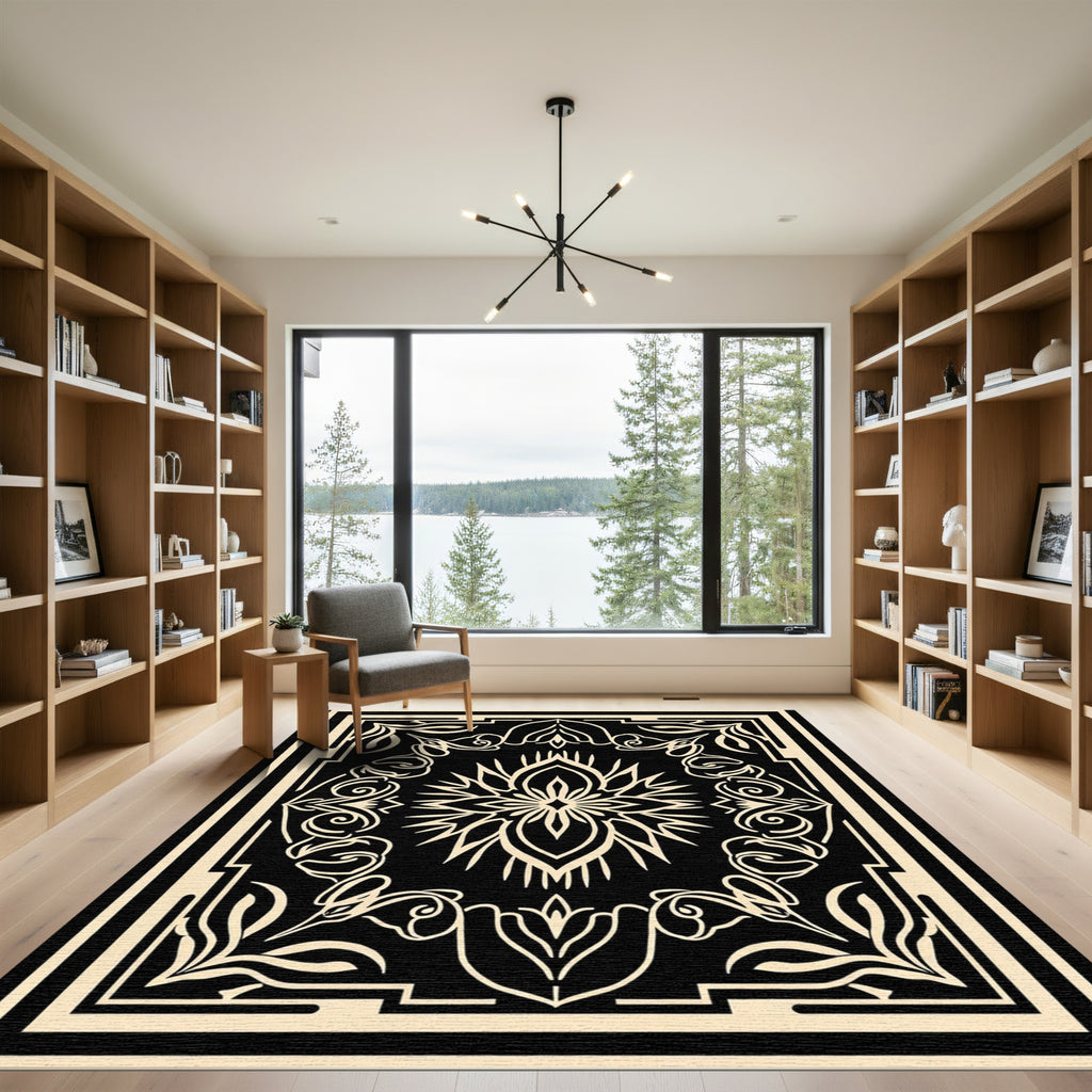 Black Cream Floral Intricate Border Rug