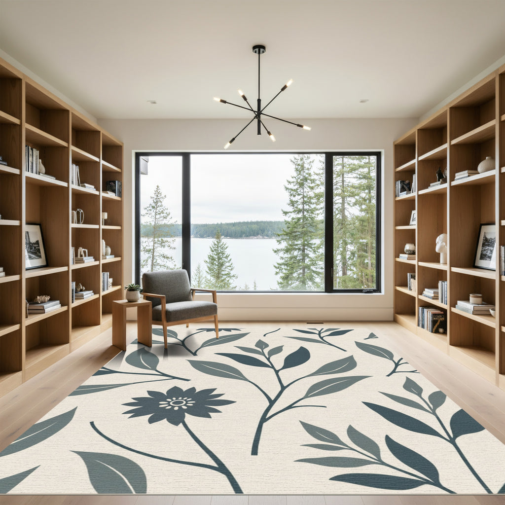 Delicate Teal Floral Leaf Arrangement Rug