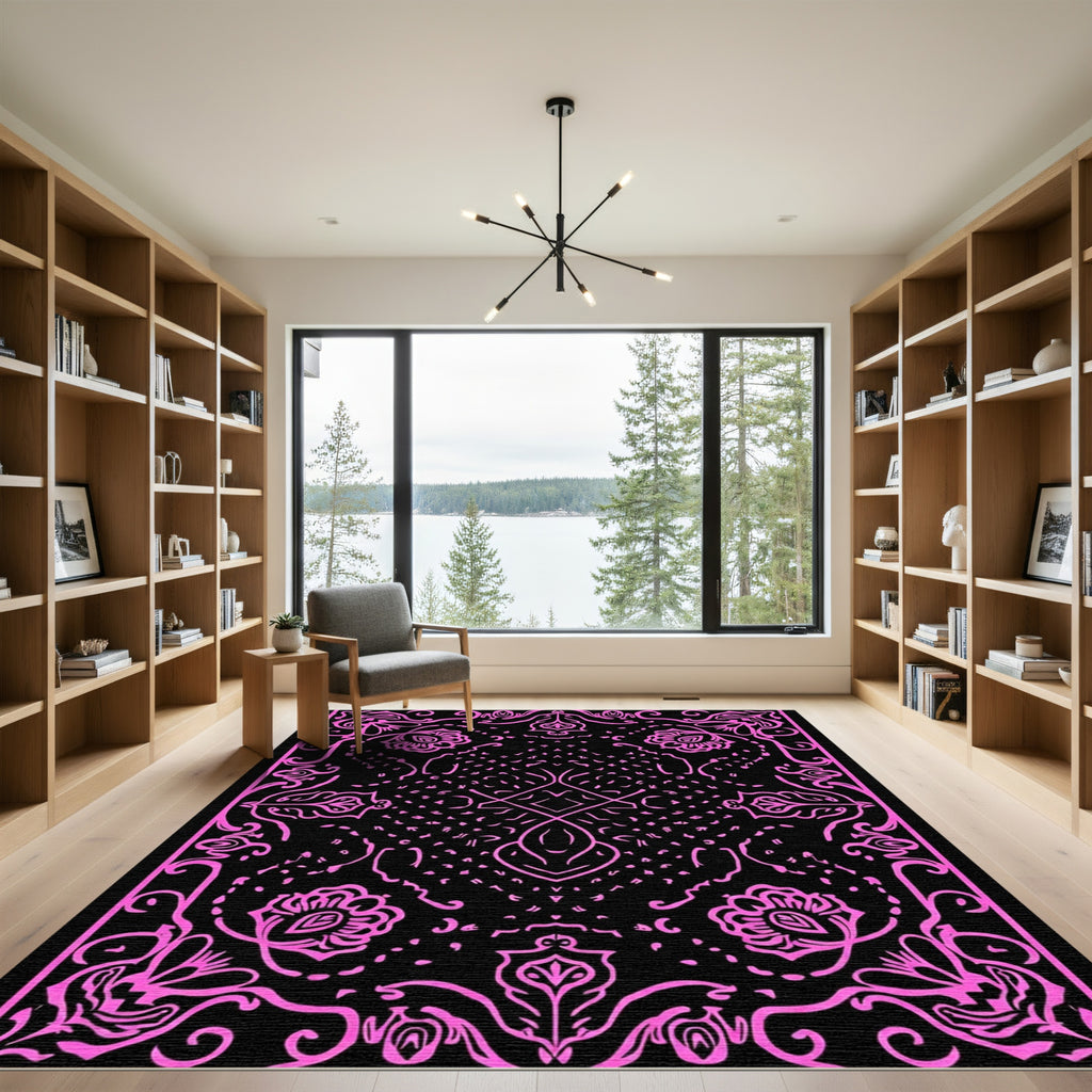 Vibrant Pink Floral Medallion Black Rug