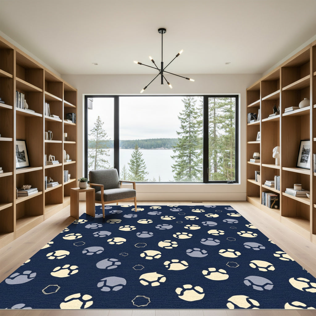 Dark Blue Paw Print Rounds Rug