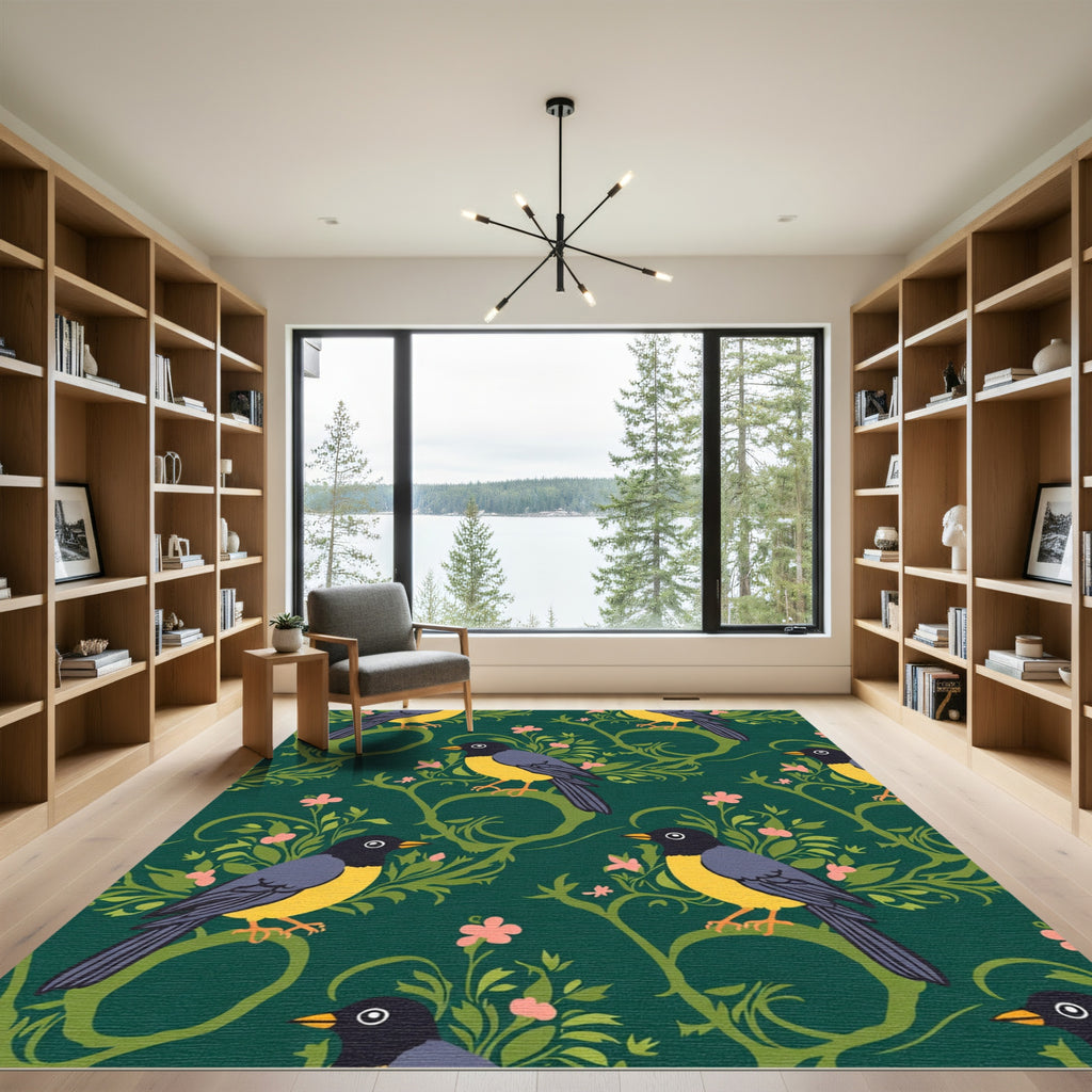 Charming Birds Floral Garden Emerald Rug