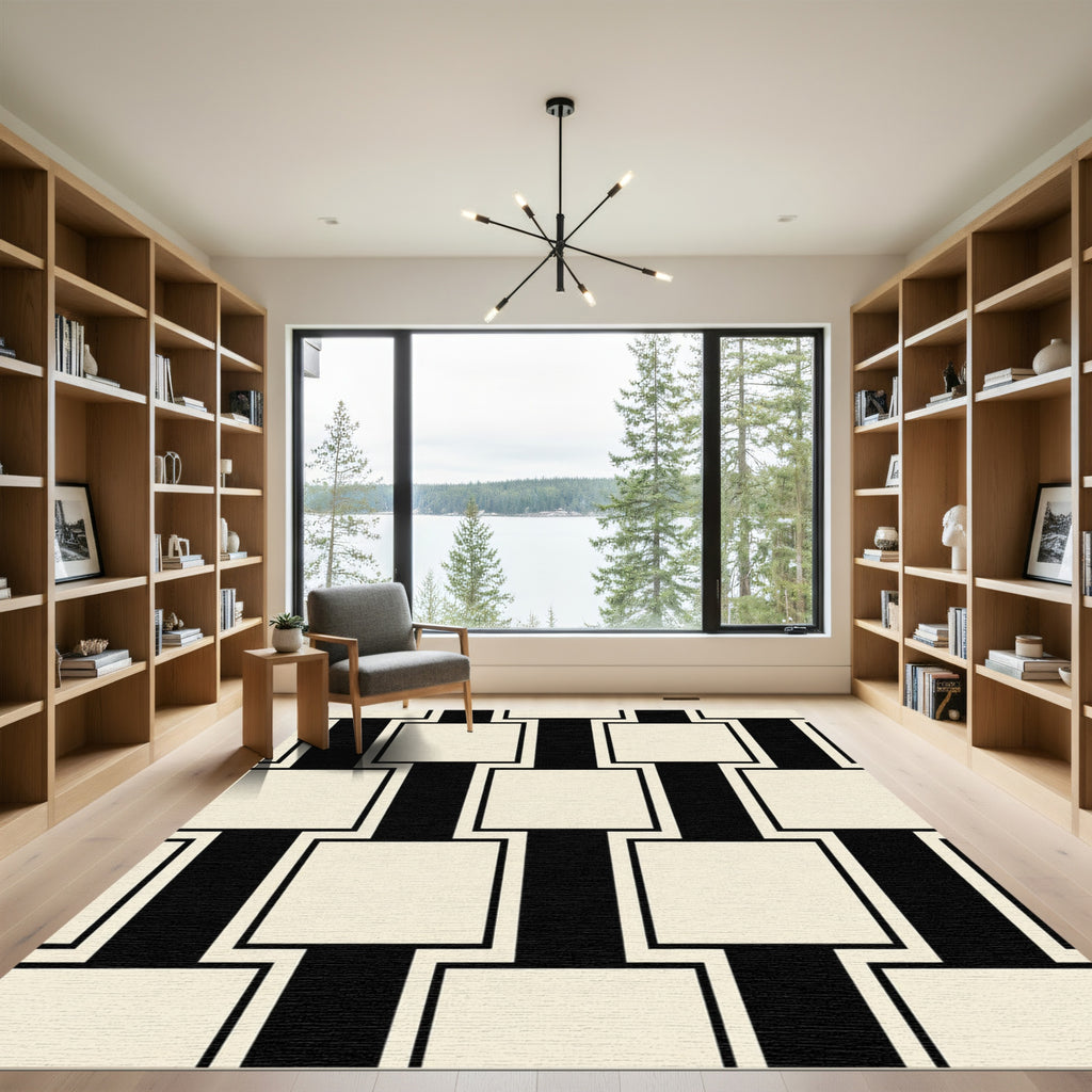 Black Cream Geometric Square Composition Rug