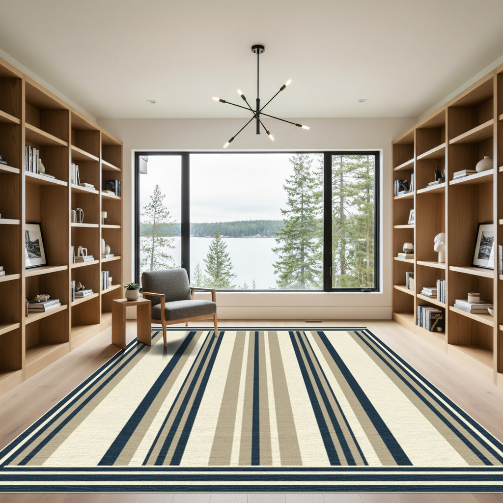 Cream Navy Tan Vertical Stripe Rug