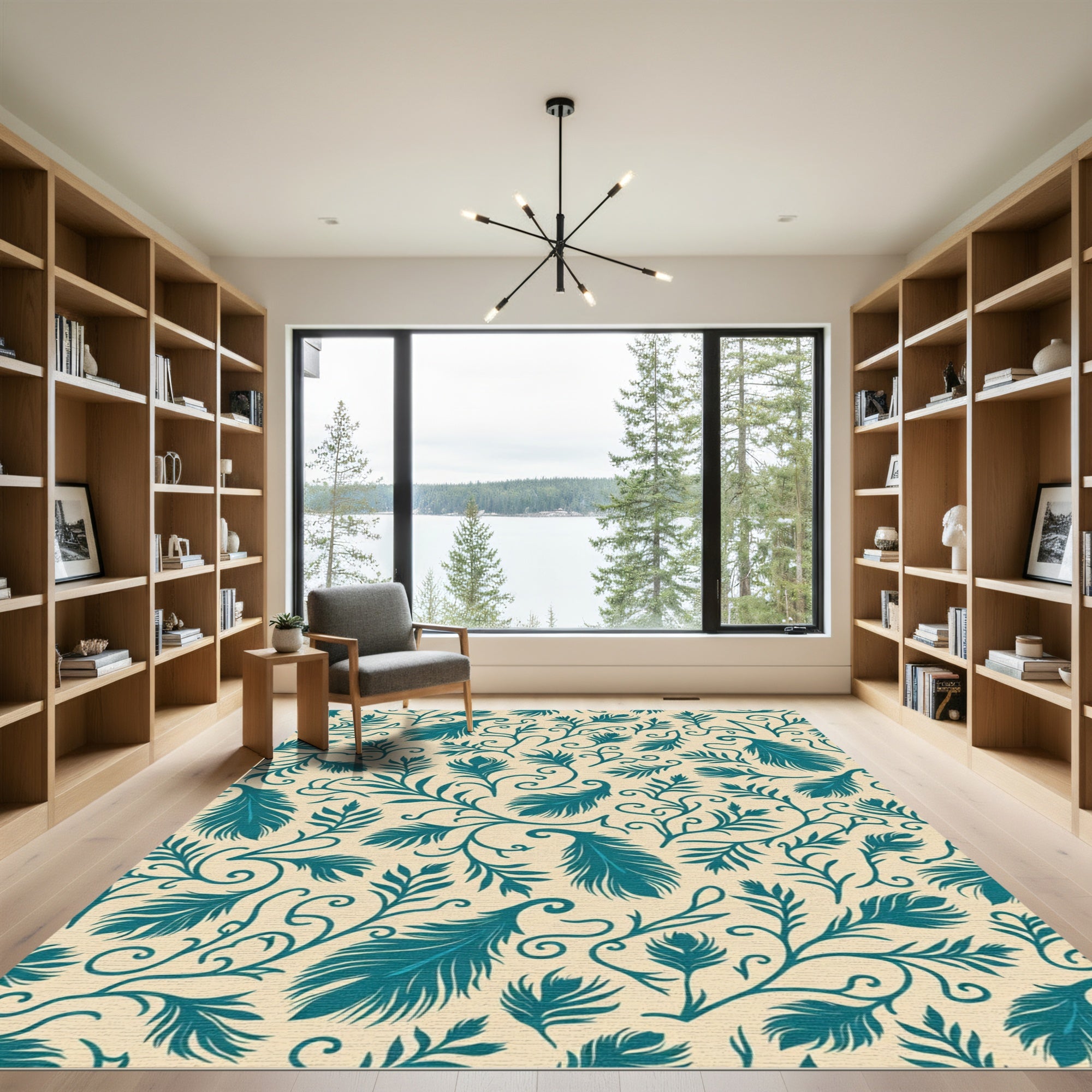 Teal Feather Nouveau Scrollwork Rug