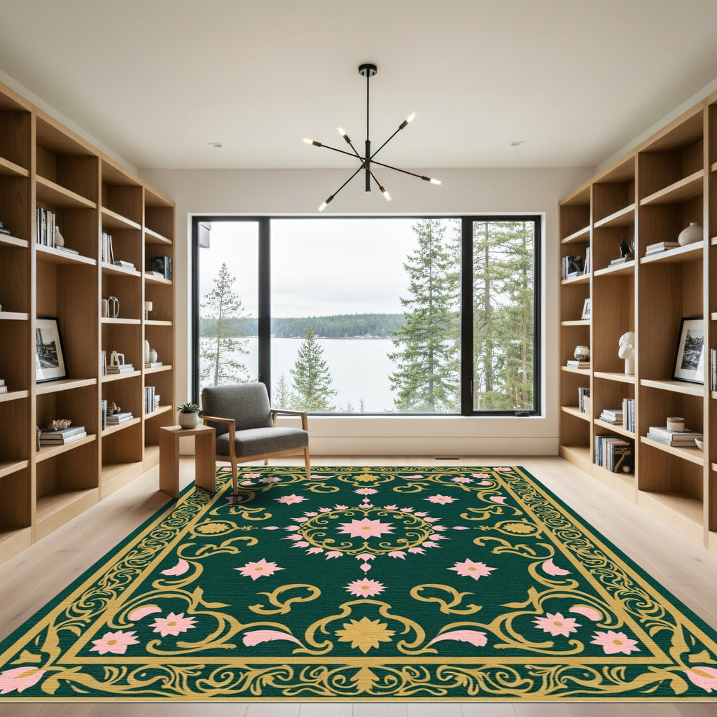 Emerald Pink Floral Ornate Medallion Rug