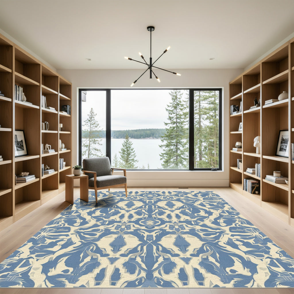 Blue Ivory Distorted Floral Tapestry Rug