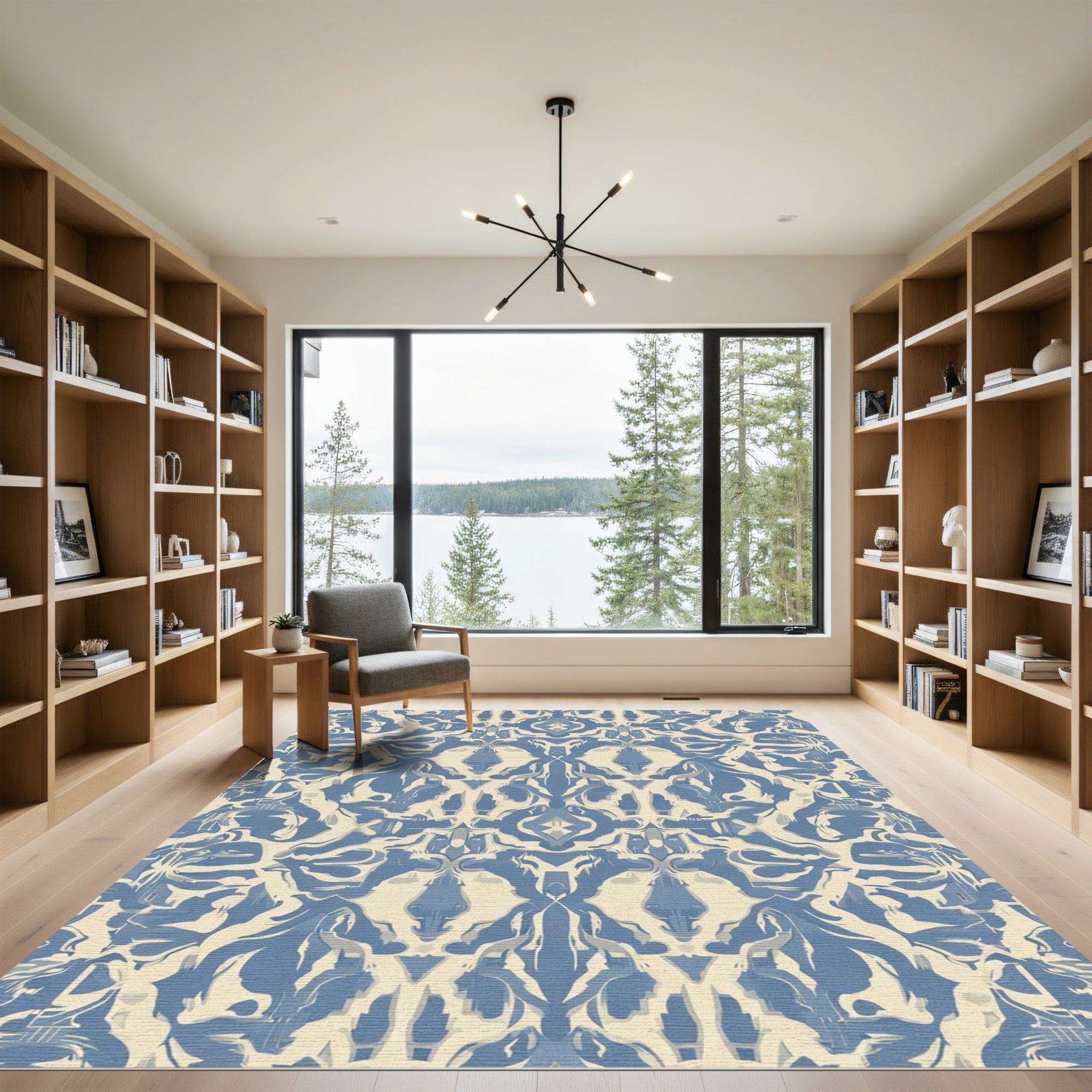 Blue Ivory Distorted Floral Tapestry Rug