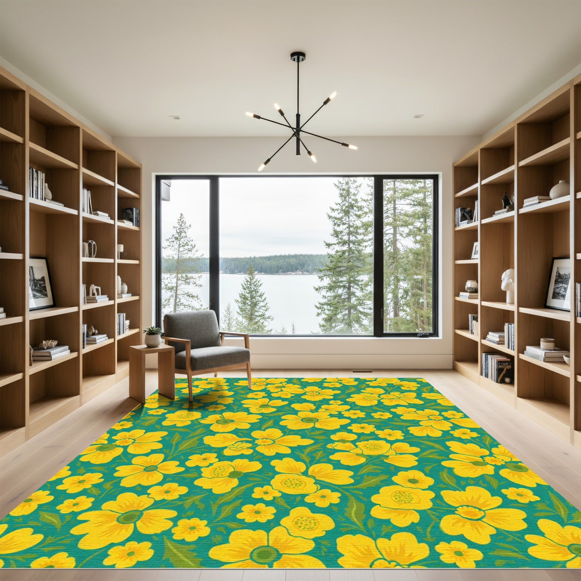 Bright Yellow Floral Teal Garden Rug