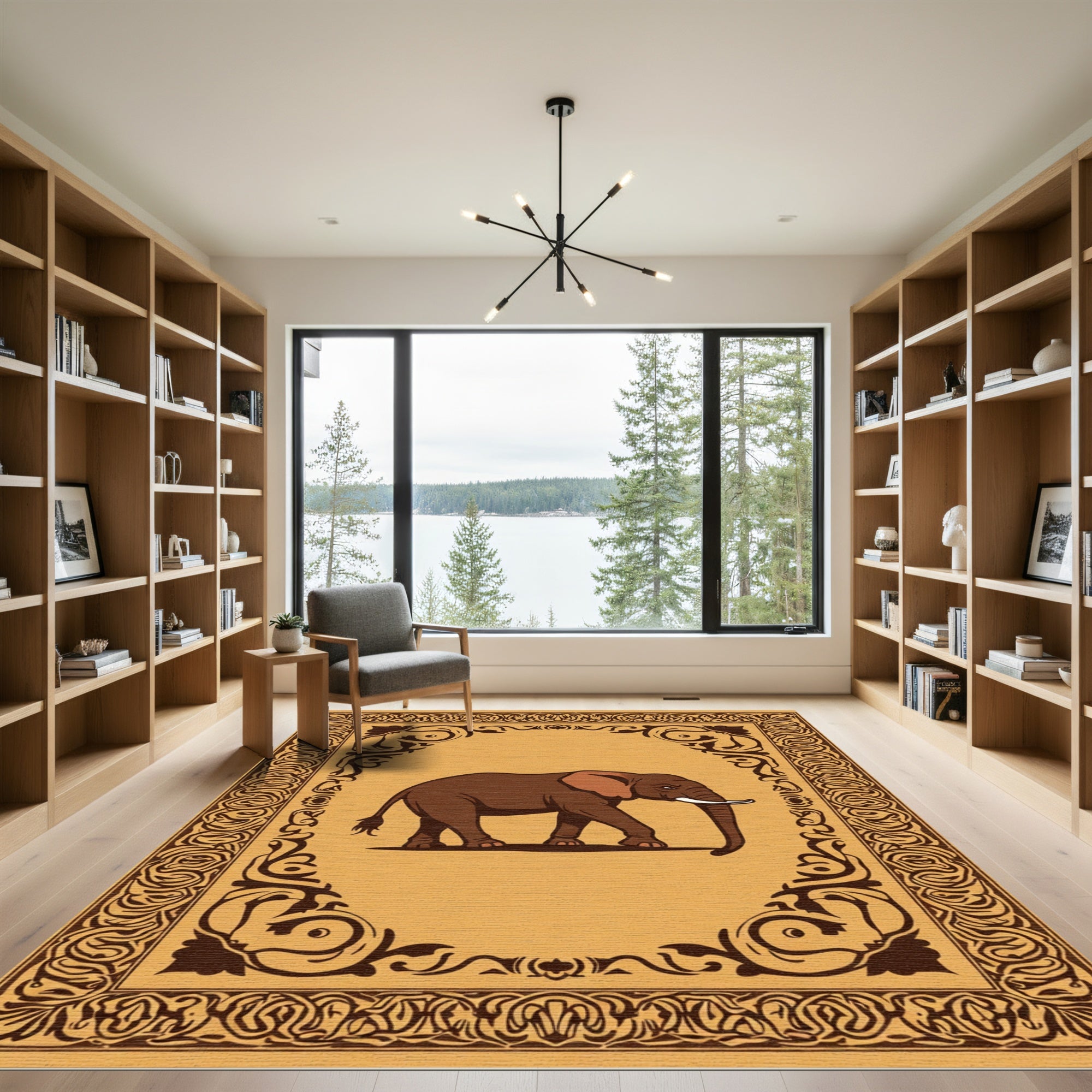 Brown Elephant Ornate Border Rug