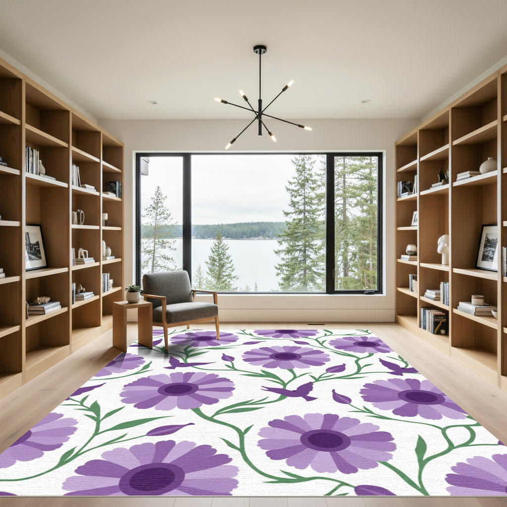 Purple Daisy Bird Vine Meadow Rug