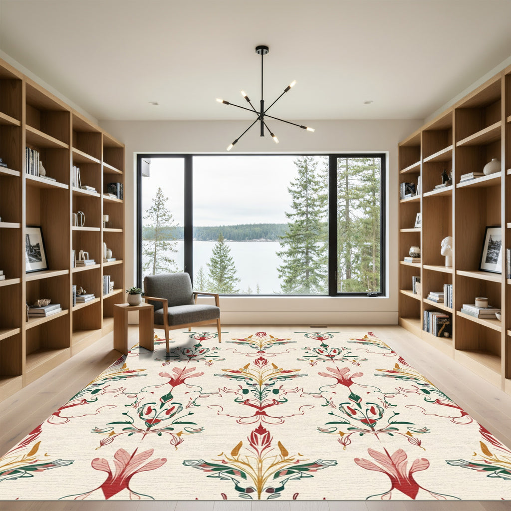 Rich Red Green Floral Damask Rug