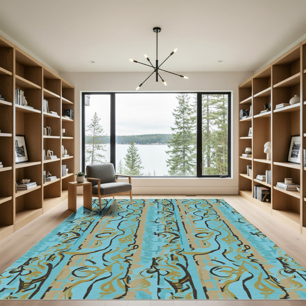 Turquoise Gold Abstract Striped Swirls Rug