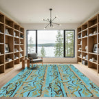 Turquoise Gold Abstract Striped Swirls Rug