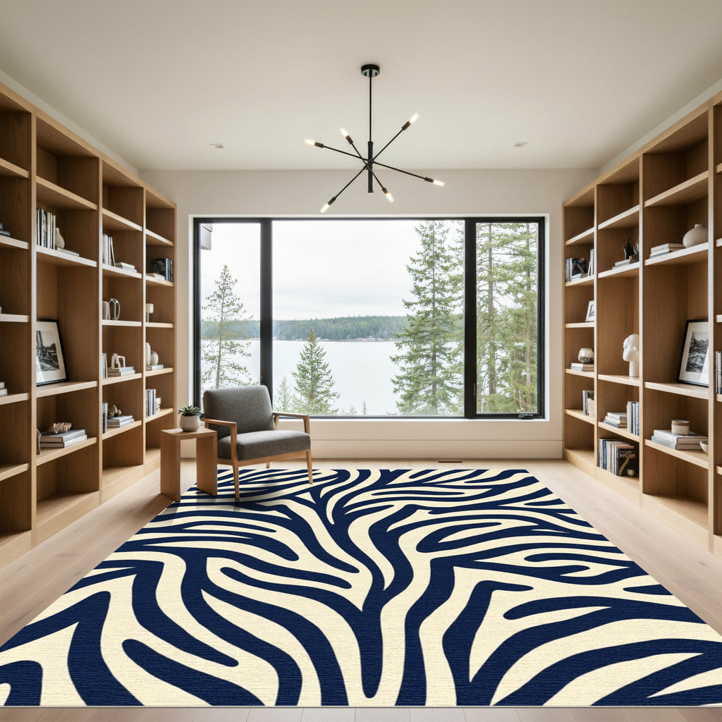 Navy Cream Abstract Zebra Stripes Rug